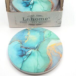 Lahome Small But Mighty Blue Gold Marble Effect Coasters with Cork Bottoms 4"